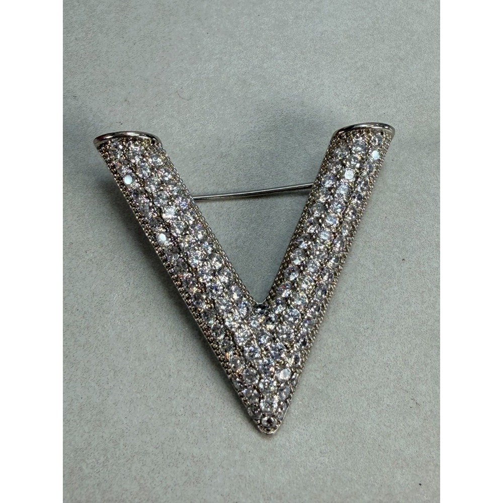 Vintage Pave Rhinestone V Brooch Pin Silver Tone Geometric Statement Jewelry